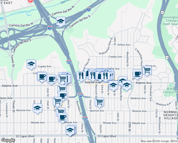 map of restaurants, bars, coffee shops, grocery stores, and more near 4757 West Mountain View Drive in San Diego