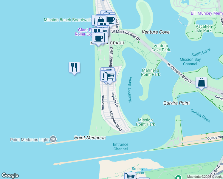map of restaurants, bars, coffee shops, grocery stores, and more near 2842 Bayside Walk in San Diego