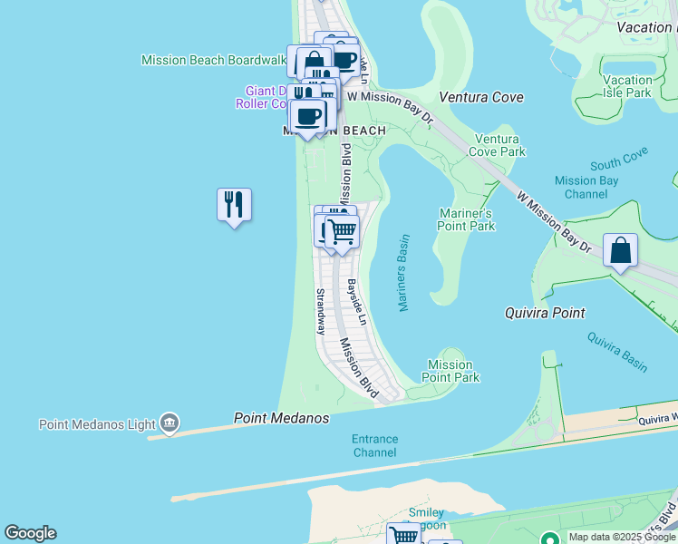 map of restaurants, bars, coffee shops, grocery stores, and more near 2842 Bayside Walk in San Diego