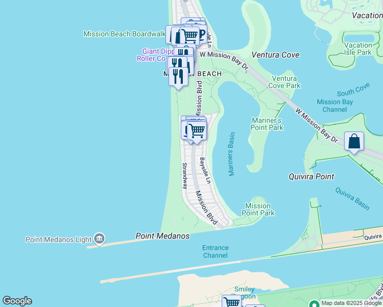 map of restaurants, bars, coffee shops, grocery stores, and more near 2847 Strandway in San Diego