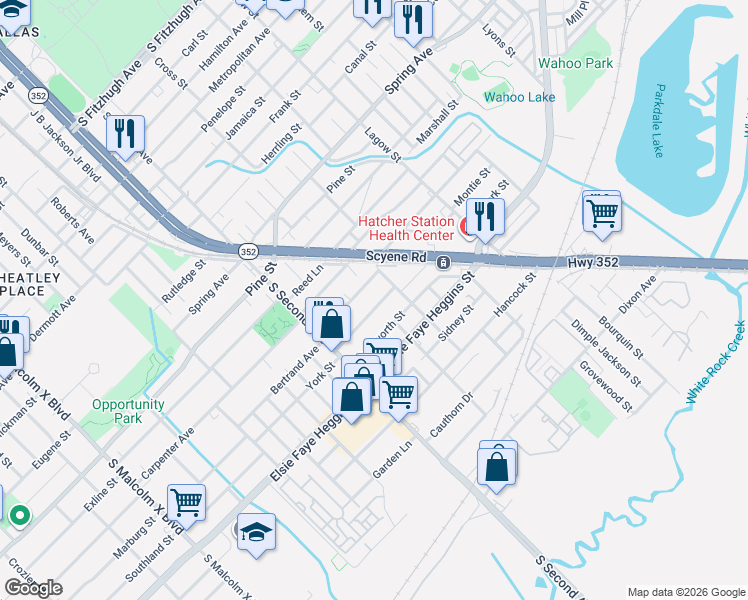 map of restaurants, bars, coffee shops, grocery stores, and more near 3622 York Street in Dallas