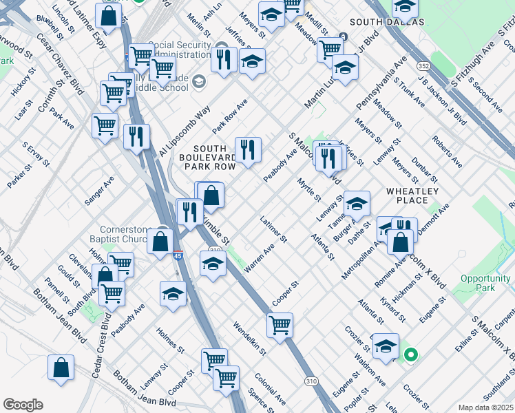 map of restaurants, bars, coffee shops, grocery stores, and more near 2505 Birmingham Avenue in Dallas