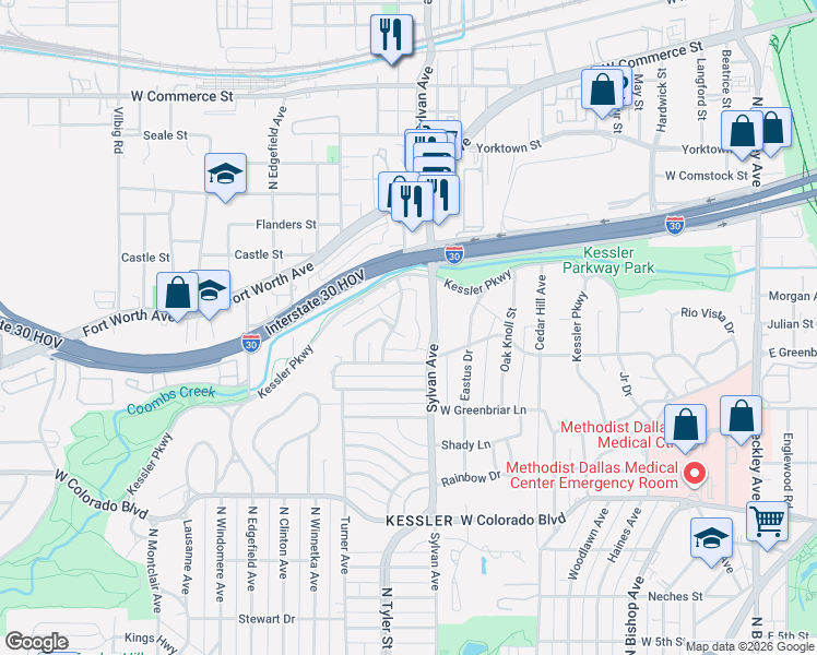 map of restaurants, bars, coffee shops, grocery stores, and more near 1682 Nob Hill Place in Dallas