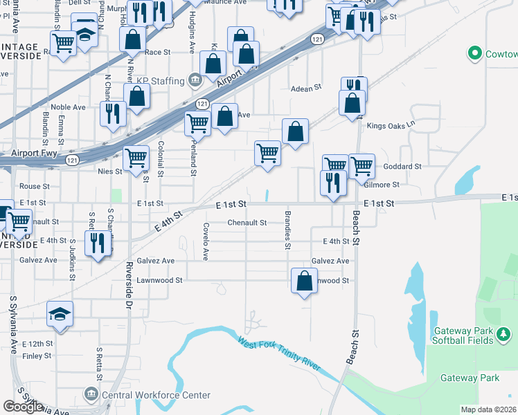 map of restaurants, bars, coffee shops, grocery stores, and more near 3733 Chenault Street in Fort Worth