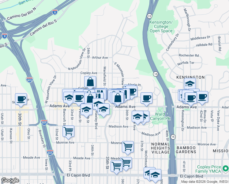 map of restaurants, bars, coffee shops, grocery stores, and more near 4753 35th Street in San Diego