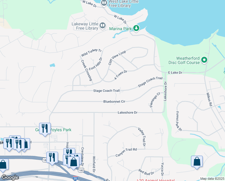 map of restaurants, bars, coffee shops, grocery stores, and more near 3506 Stage Coach Trail in Weatherford