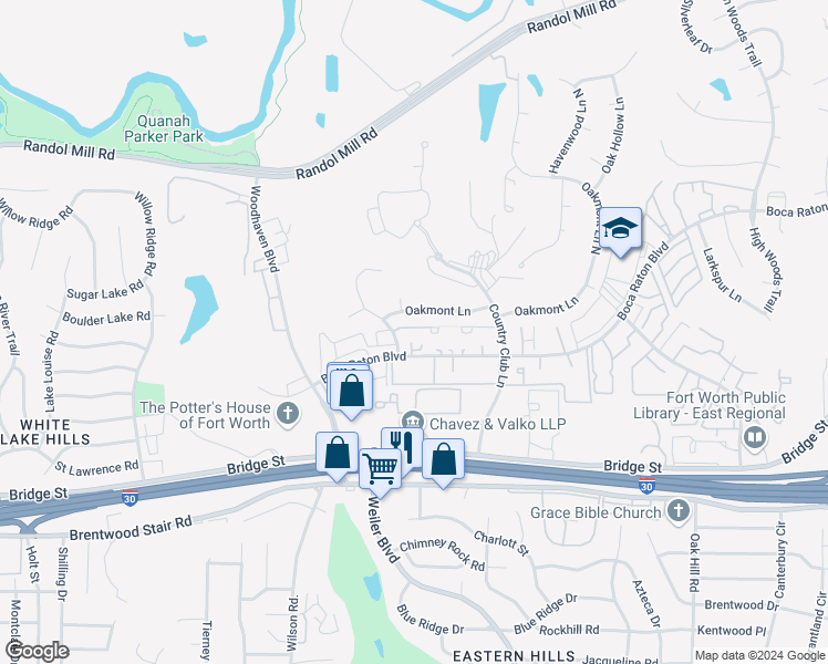 map of restaurants, bars, coffee shops, grocery stores, and more near 5506 Willow Circle in Fort Worth