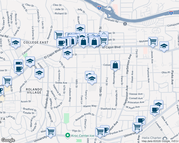 map of restaurants, bars, coffee shops, grocery stores, and more near 4750 70th Street in La Mesa