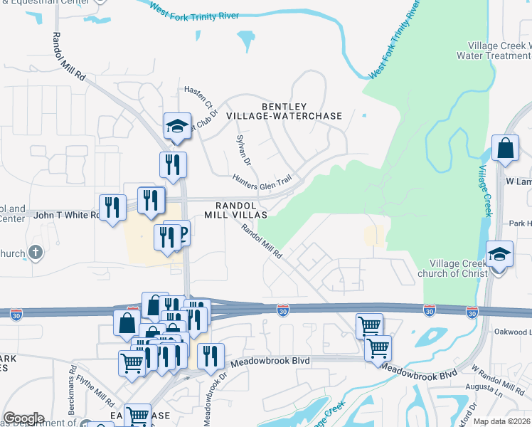 map of restaurants, bars, coffee shops, grocery stores, and more near 8750 Winding Lane in Fort Worth