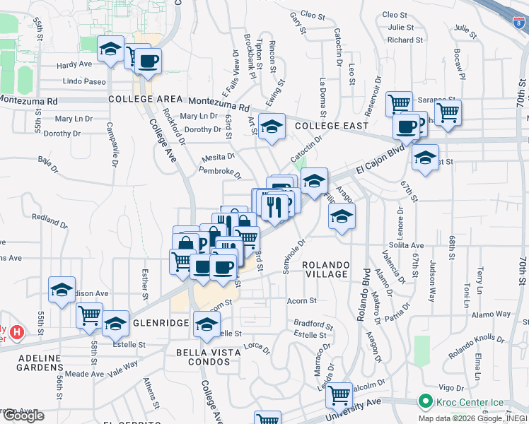 map of restaurants, bars, coffee shops, grocery stores, and more near 4744 Choctaw Drive in San Diego