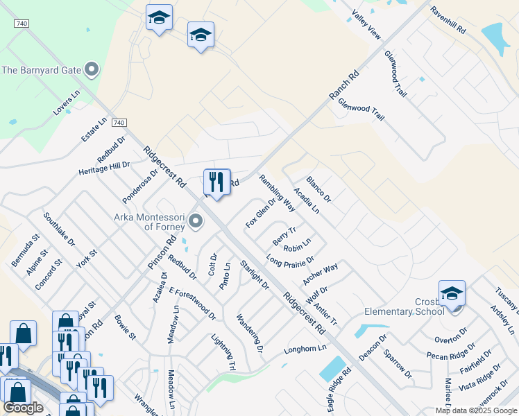 map of restaurants, bars, coffee shops, grocery stores, and more near 616 Fox Glen Drive in Forney