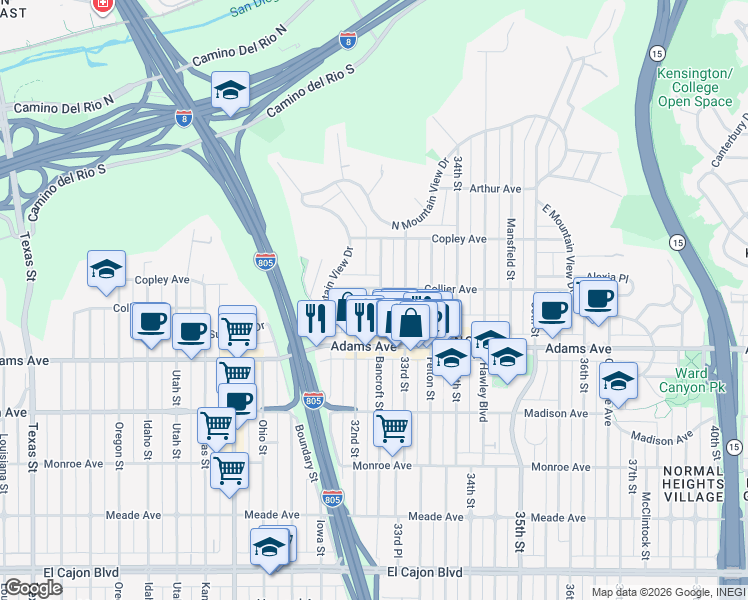 map of restaurants, bars, coffee shops, grocery stores, and more near 4741 32nd Street in San Diego