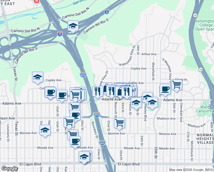 map of restaurants, bars, coffee shops, grocery stores, and more near 4757 West Mountain View Drive in San Diego