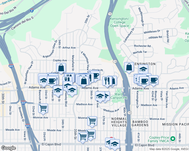 map of restaurants, bars, coffee shops, grocery stores, and more near 3621 Collier Avenue in San Diego