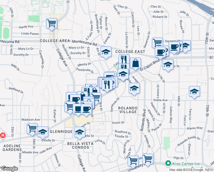 map of restaurants, bars, coffee shops, grocery stores, and more near 4727 Choctaw Drive in San Diego