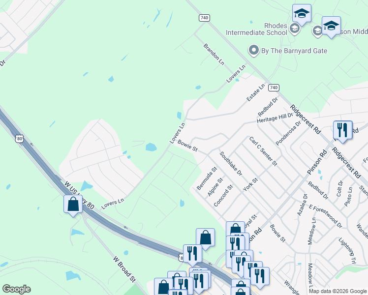 map of restaurants, bars, coffee shops, grocery stores, and more near 717 Bowie Street in Forney