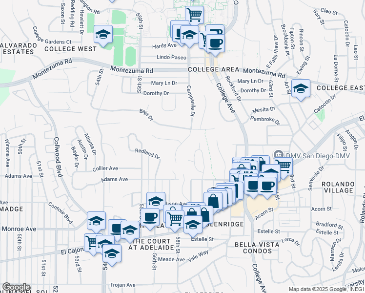 map of restaurants, bars, coffee shops, grocery stores, and more near 4810 Barbarossa Drive in San Diego