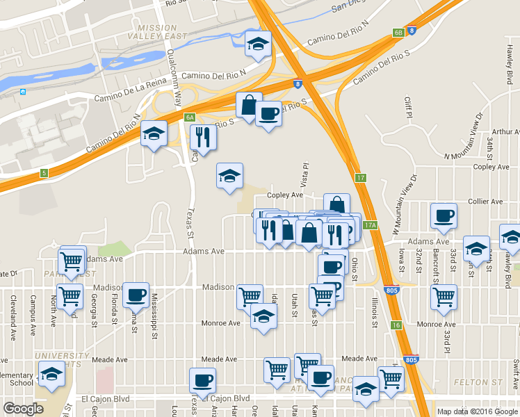 map of restaurants, bars, coffee shops, grocery stores, and more near 4785 Oregon Street in San Diego