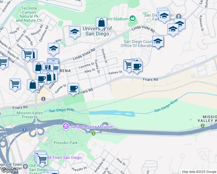 map of restaurants, bars, coffee shops, grocery stores, and more near 5865 Friars Road in San Diego
