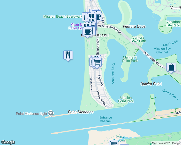map of restaurants, bars, coffee shops, grocery stores, and more near 2847 Strandway in San Diego