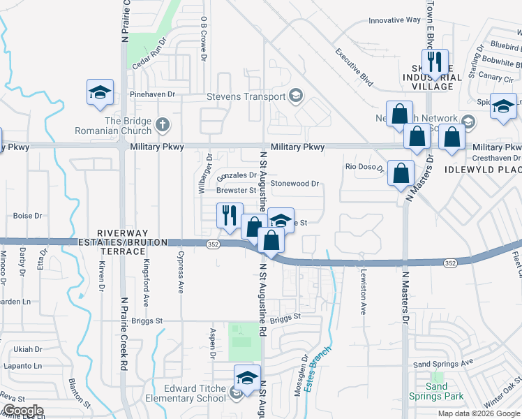map of restaurants, bars, coffee shops, grocery stores, and more near 9568 Kerrville Street in Dallas