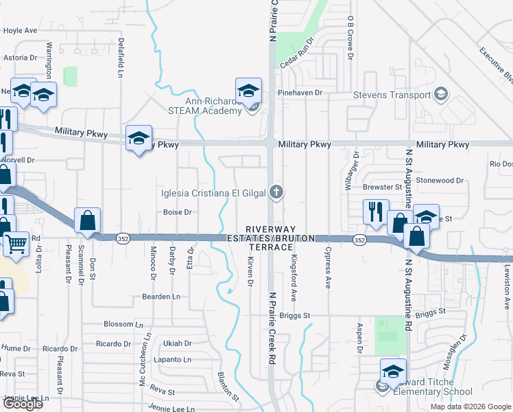 map of restaurants, bars, coffee shops, grocery stores, and more near 3125 North Prairie Creek Road in Dallas