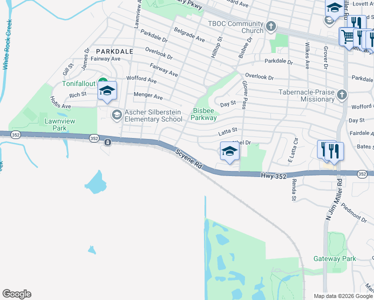 map of restaurants, bars, coffee shops, grocery stores, and more near 6341 Scyene Road in Dallas