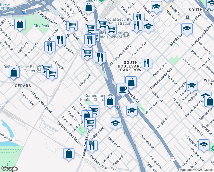 map of restaurants, bars, coffee shops, grocery stores, and more near 2811 South Harwood Street in Dallas
