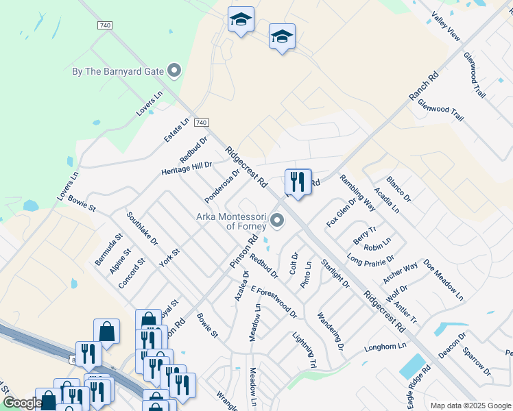 map of restaurants, bars, coffee shops, grocery stores, and more near 401 Fm 740 North in Forney