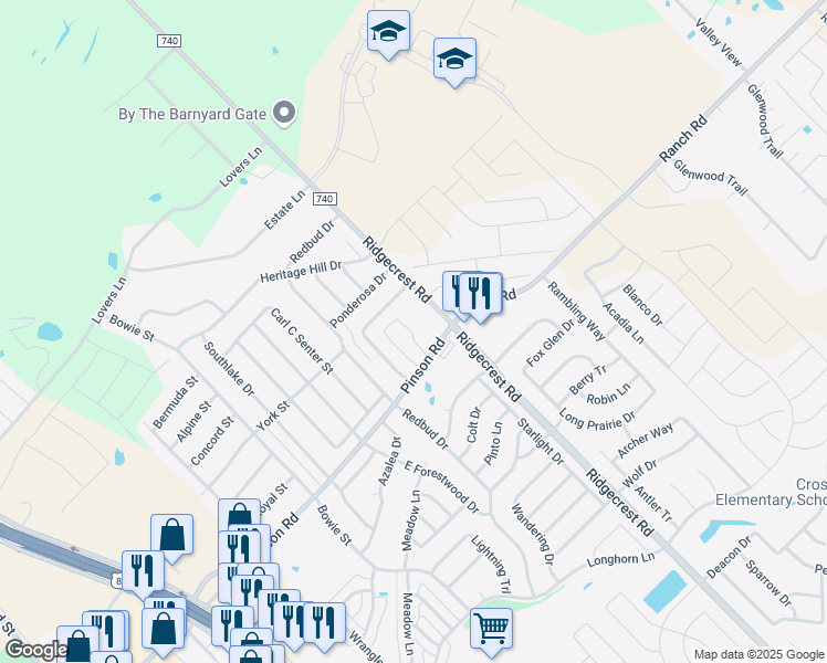map of restaurants, bars, coffee shops, grocery stores, and more near 401 Fm 740 North in Forney