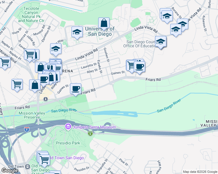 map of restaurants, bars, coffee shops, grocery stores, and more near 5865 Friars Road in San Diego