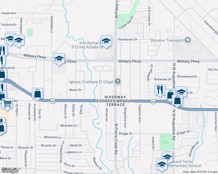 map of restaurants, bars, coffee shops, grocery stores, and more near 3125 North Prairie Creek Road in Dallas