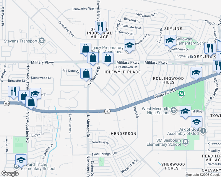 map of restaurants, bars, coffee shops, grocery stores, and more near 2913 Meadowlark Drive in Mesquite
