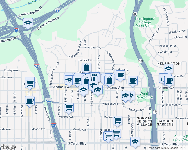 map of restaurants, bars, coffee shops, grocery stores, and more near 4783 Hawley Boulevard in San Diego
