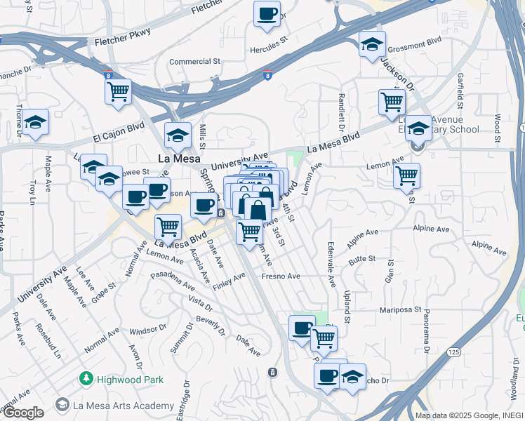 map of restaurants, bars, coffee shops, grocery stores, and more near 8323 Lemon Avenue in La Mesa