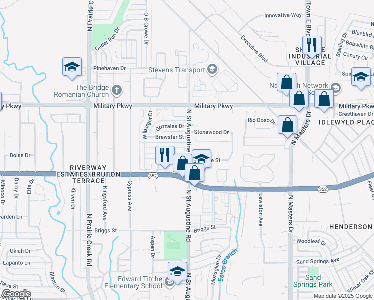map of restaurants, bars, coffee shops, grocery stores, and more near 9568 Kerrville Street in Dallas