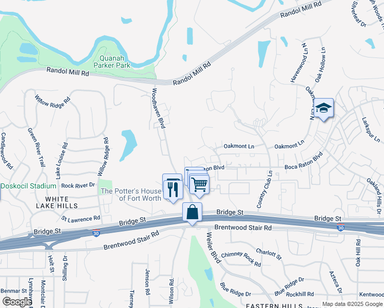 map of restaurants, bars, coffee shops, grocery stores, and more near 1001 Woodhaven Boulevard in Fort Worth