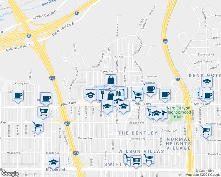 map of restaurants, bars, coffee shops, grocery stores, and more near 4773 34th Street in San Diego