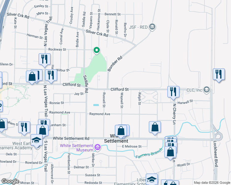 map of restaurants, bars, coffee shops, grocery stores, and more near 409 Waynell Street in White Settlement