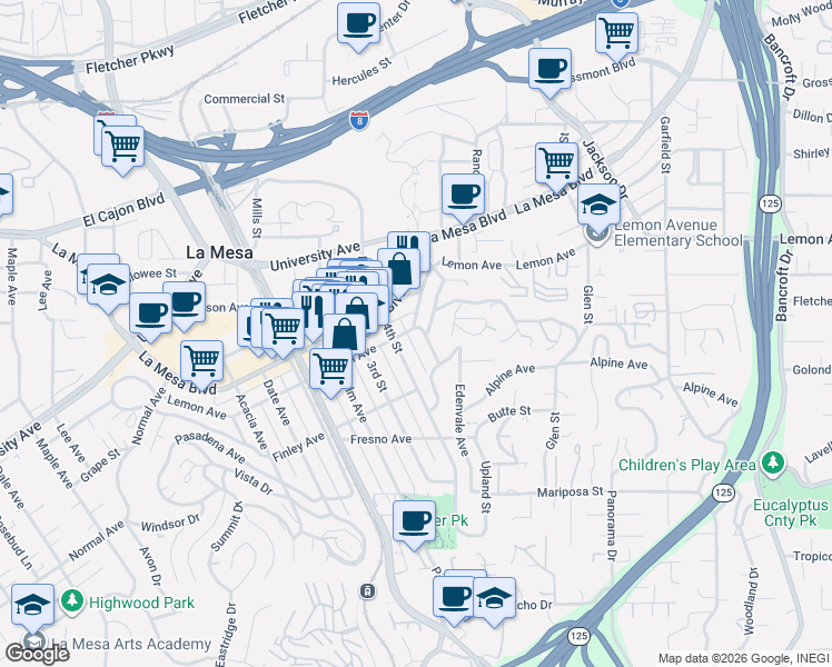 map of restaurants, bars, coffee shops, grocery stores, and more near 8417 Lemon Avenue in La Mesa