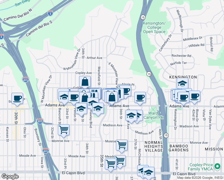 map of restaurants, bars, coffee shops, grocery stores, and more near 3535 Collier Avenue in San Diego