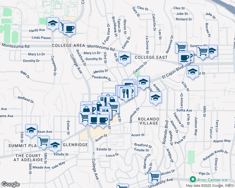 map of restaurants, bars, coffee shops, grocery stores, and more near 63rd Street in San Diego
