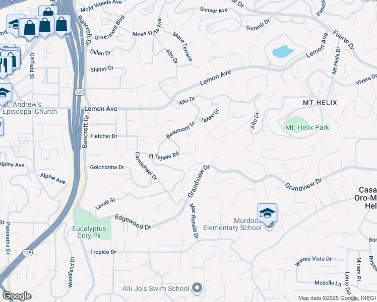 map of restaurants, bars, coffee shops, grocery stores, and more near 9482 La Cuesta Drive in La Mesa