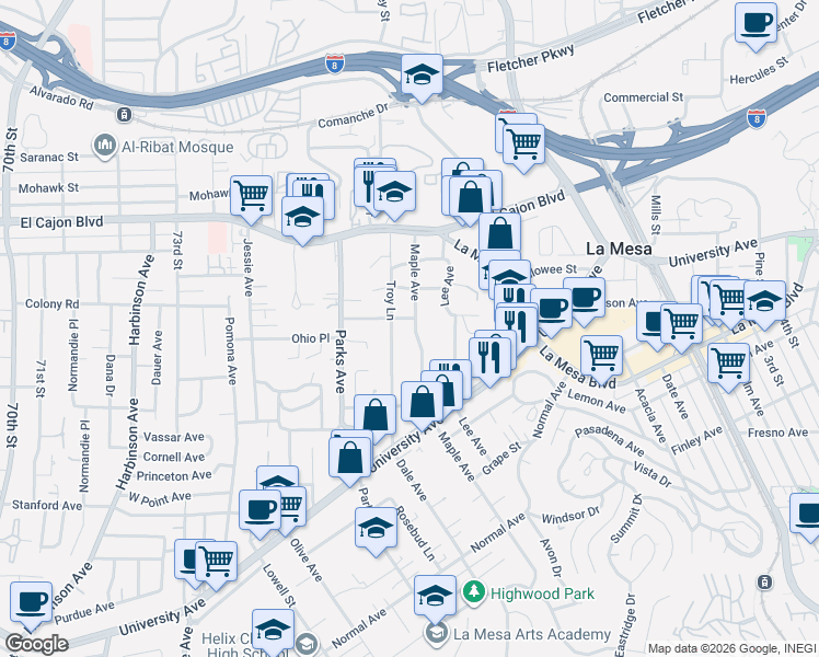 map of restaurants, bars, coffee shops, grocery stores, and more near 4700 Maple Avenue in La Mesa