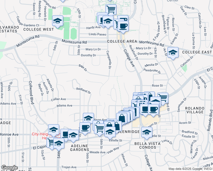 map of restaurants, bars, coffee shops, grocery stores, and more near 4810 Barbarossa Drive in San Diego