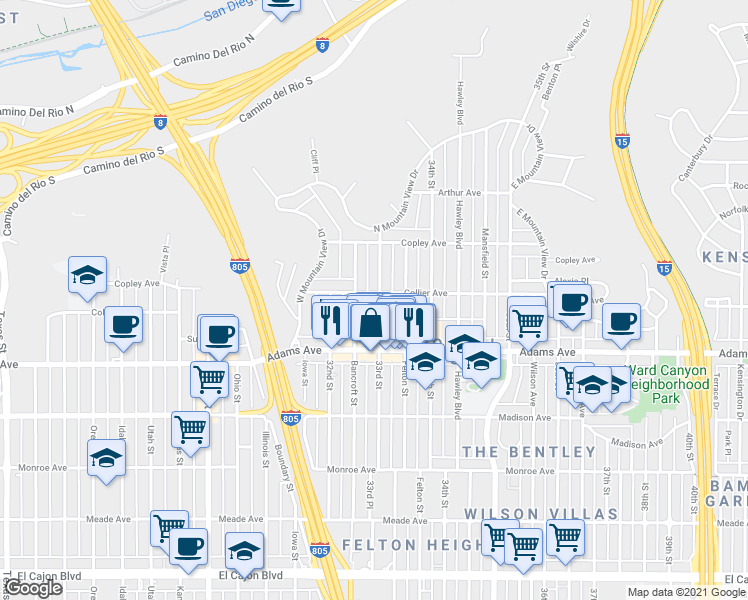 map of restaurants, bars, coffee shops, grocery stores, and more near 4744 1/2 33rd Street in San Diego