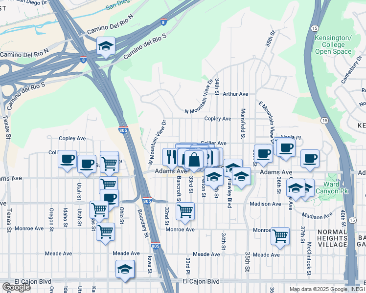 map of restaurants, bars, coffee shops, grocery stores, and more near 4744 1/2 33rd Street in San Diego