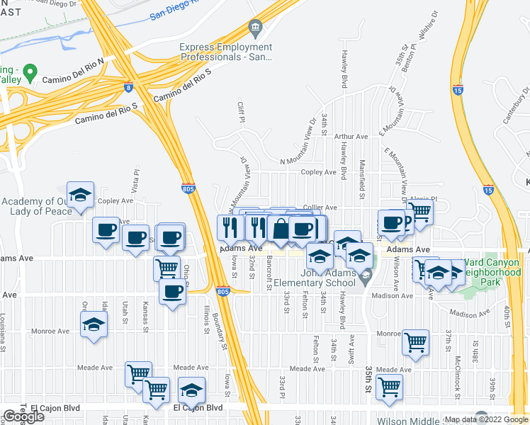 map of restaurants, bars, coffee shops, grocery stores, and more near 4741 32nd Street in San Diego