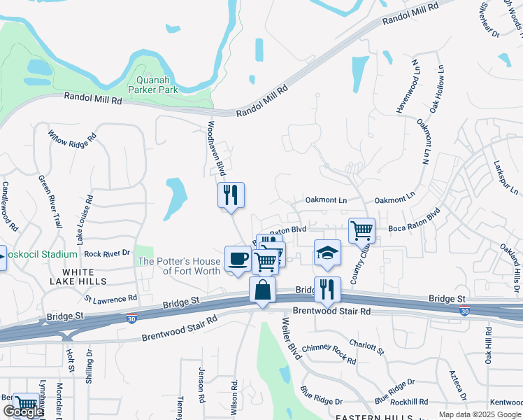 map of restaurants, bars, coffee shops, grocery stores, and more near 1001 Woodhaven Boulevard in Fort Worth