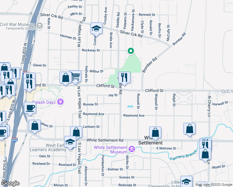 map of restaurants, bars, coffee shops, grocery stores, and more near 8409 Jay Street in White Settlement